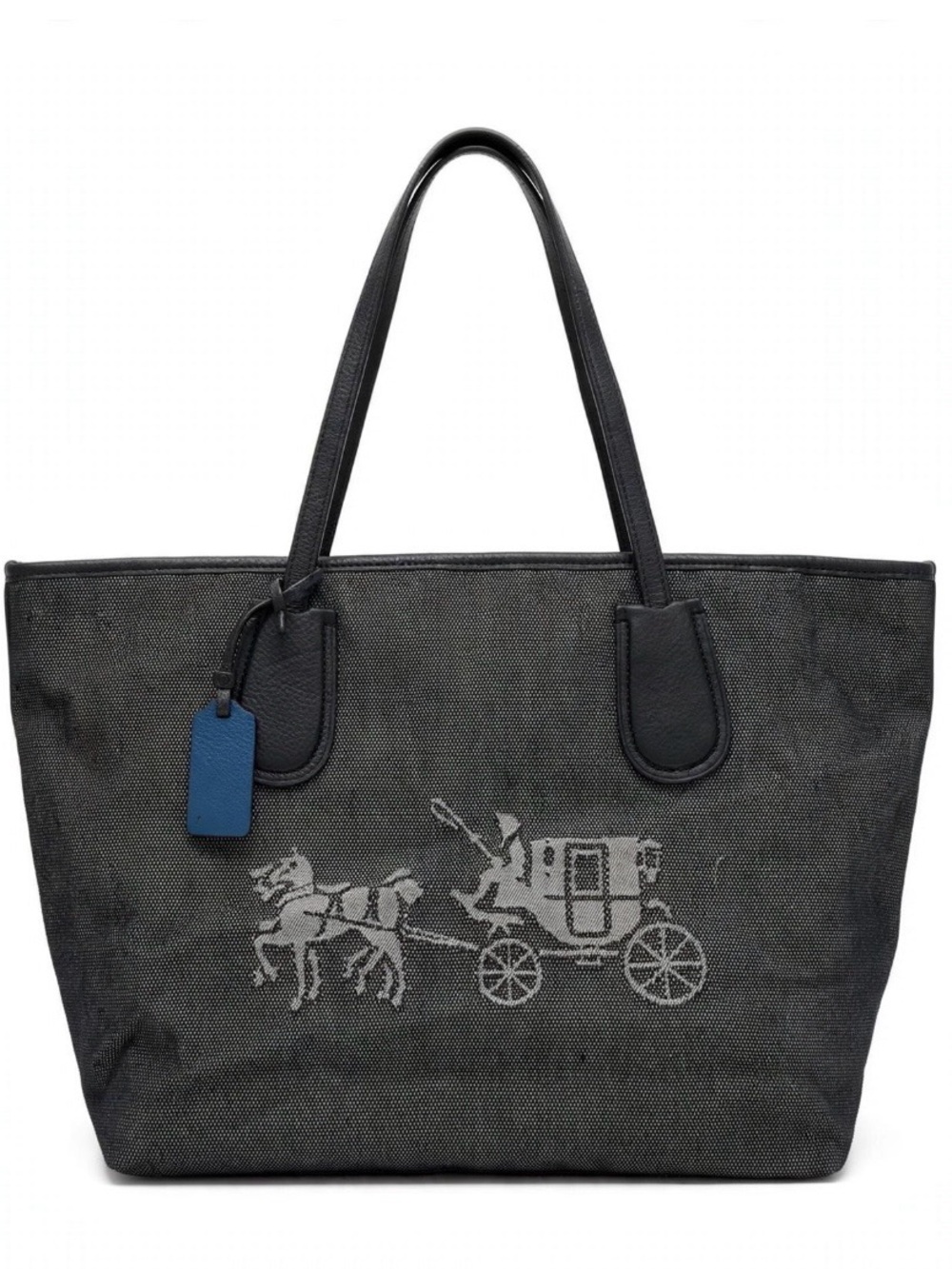Coach Black Canvas Tote with Gray Carriage Motif and Blue Tag